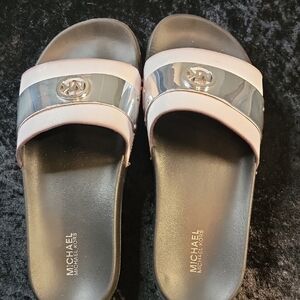 Michael Kors Women's Slides Black/White with Silver Plate with Iconic MK Logo